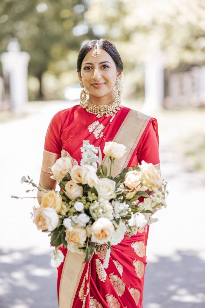 Indian bride red gold lehenga Virginia wedding Raspberry Plain Manor